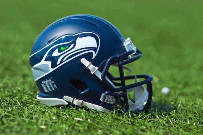 American football helmet on grass